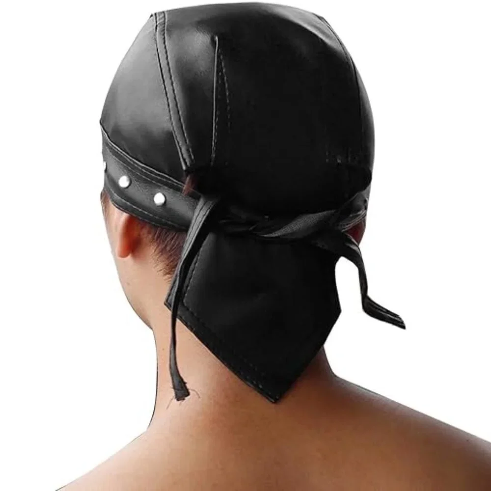 Adjustable Skull Cap Motorcycle Biker Leather Cap Black‎